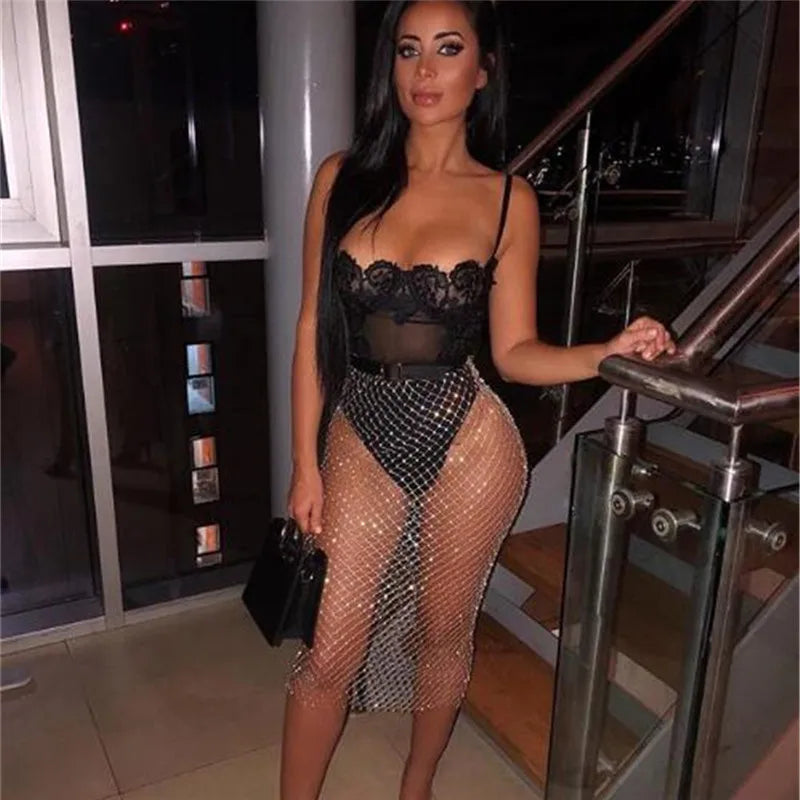 Rhinestone Fishnet Grid Midi Skirt - Sheer Empire Waist Skirt