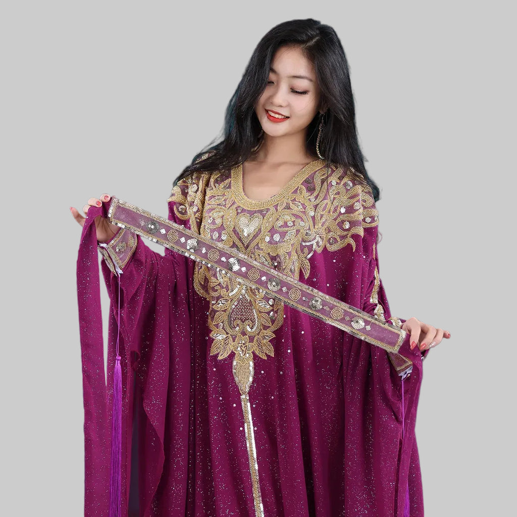Khaleeji Thobe Belly Dance Costume - Embroidered Sequin Kaftan with Belt