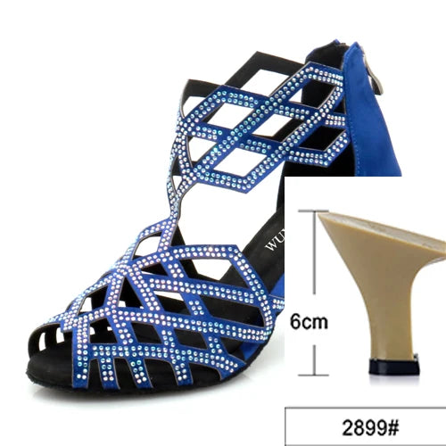Rhinestone Cut-Out Latin Dance Sandals | Thin Heel | 6–10cm | Black & Blue