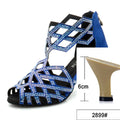 Rhinestone Cut-Out Latin Dance Sandals | Thin Heel | 6–10cm | Black & Blue