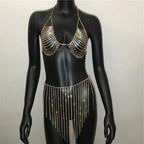 Crystal Body Chain Halter Top & Tassel Skirt Set