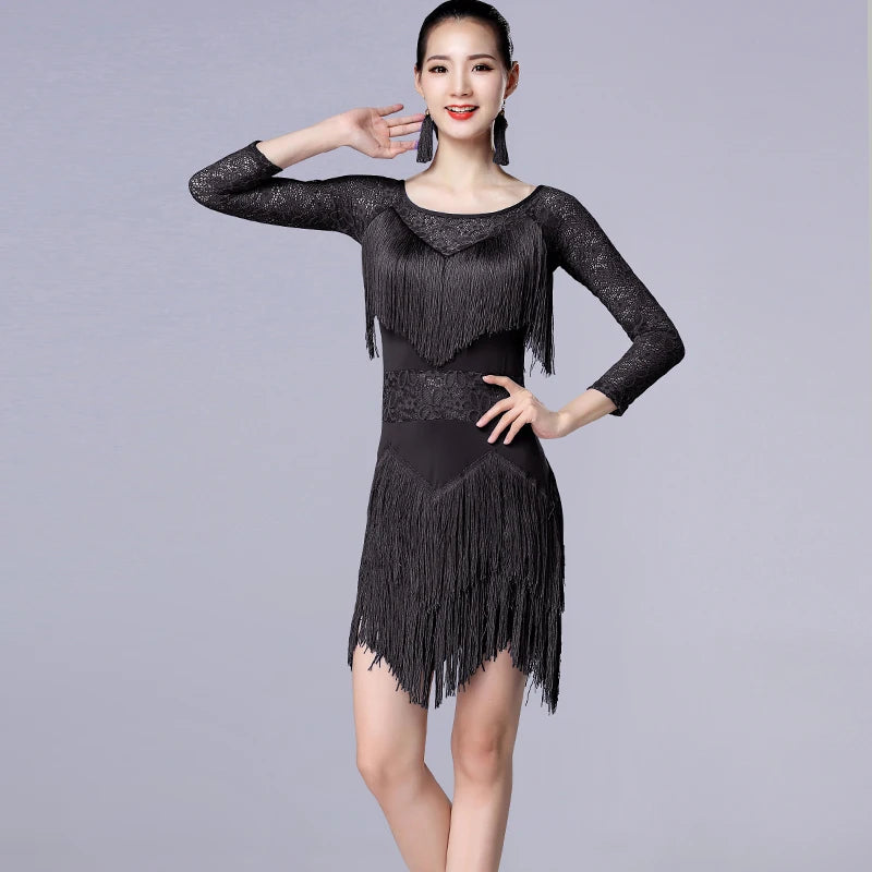 Fringe Latin Dance Dress | Floral Lace | Half Sleeve