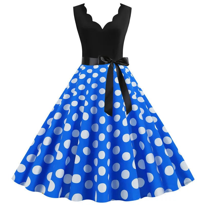 1950s Polka Dot Swing Dress | V-Neck | Bow Sash | 15 Colors