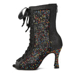 Sequin Mesh Latin Dance Boots | Peep Toe | Lace-Up Heel