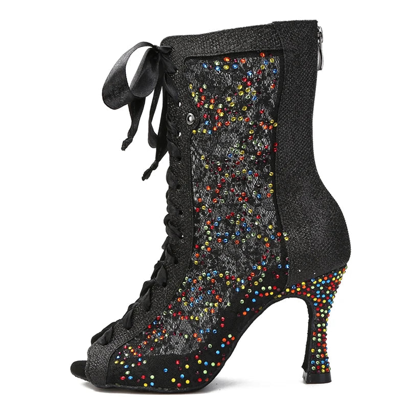 Sequin Mesh Latin Dance Boots | Peep Toe | Lace-Up Heel