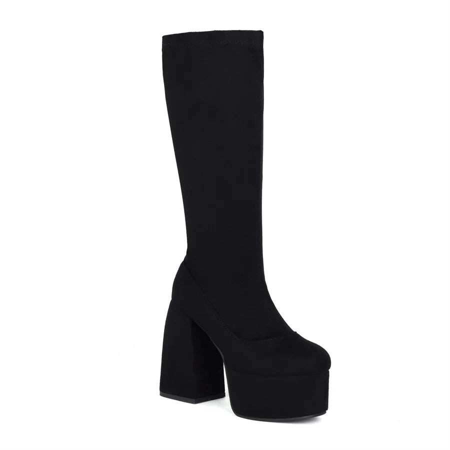 Leopard Platform Knee-High Boots — Square Heel Zip Boots