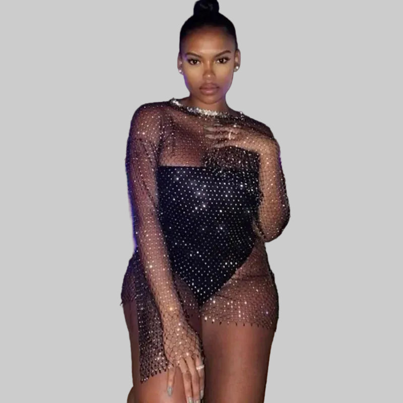Rhinestone Fishnet Mini Dress - Long Sleeve Sheer Party Dress