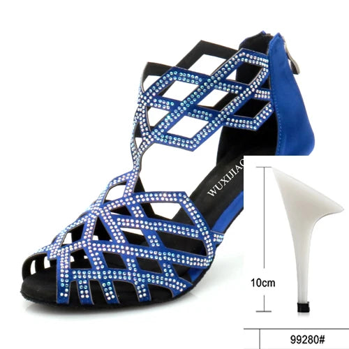 Rhinestone Cut-Out Latin Dance Sandals | Thin Heel | 6–10cm | Black & Blue