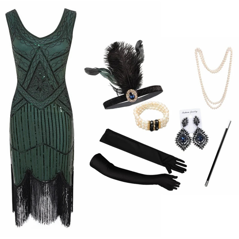 1920s Gatsby Flapper Dress & Accessory Set | Sequin Fringe | Plus Size XS–4XL