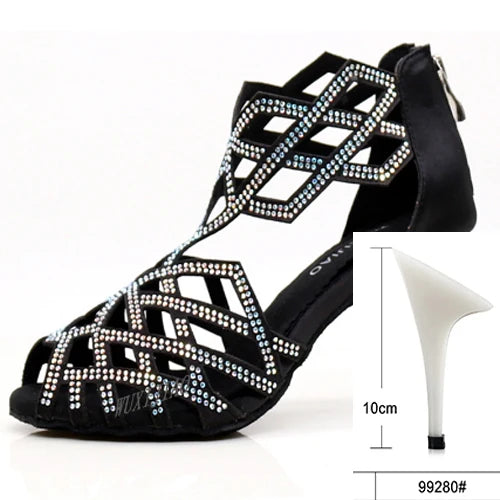 Rhinestone Cut-Out Latin Dance Sandals | Thin Heel | 6–10cm | Black & Blue