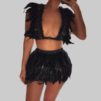 Real Feather Cardigan & Mini Skirt Set - 2-Piece Fluffy Outfit