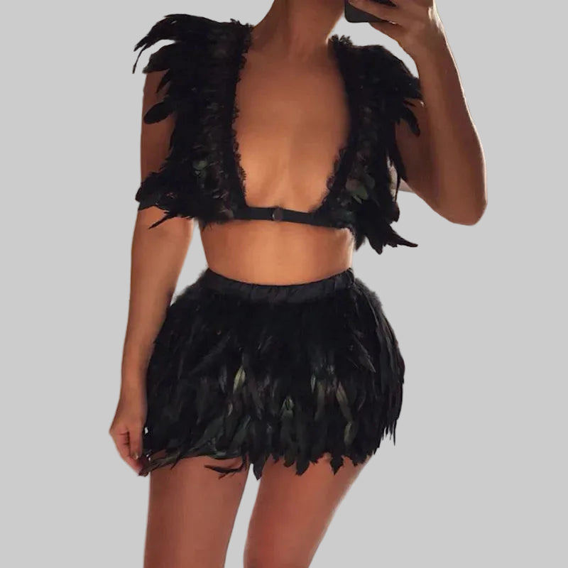 Real Feather Cardigan & Mini Skirt Set - 2-Piece Fluffy Outfit