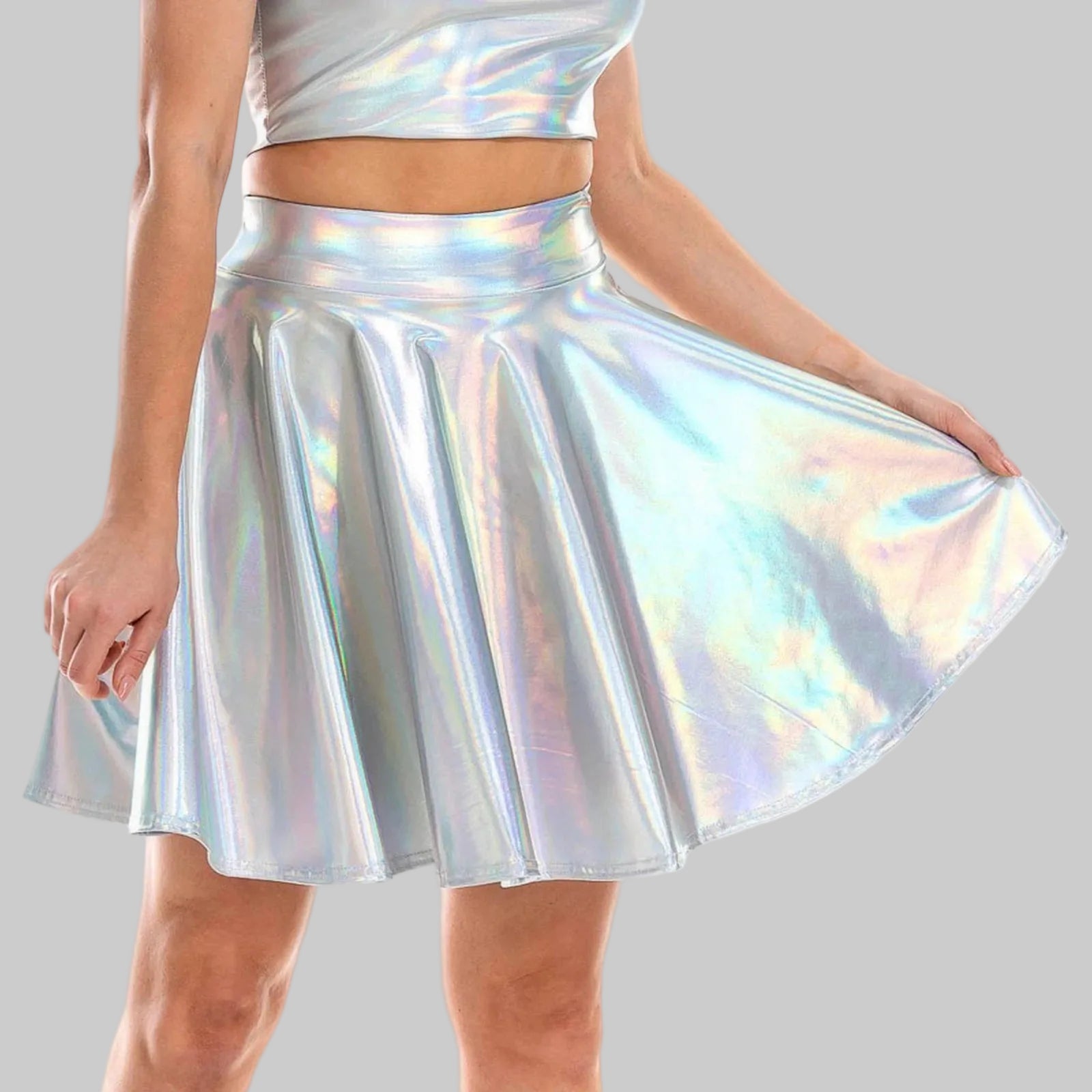 Metallic High Waist Flare Skirt - Glossy Performance Mini Skirt