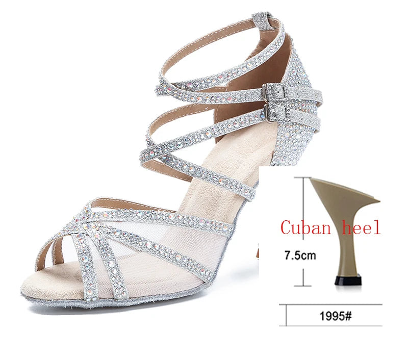 Silver Rhinestone Strappy Latin Heels | Satin | 6–10cm Stiletto