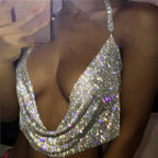 Rhinestone Crystal Deep V Crop Top - Sheer Backless Adjustable Tank