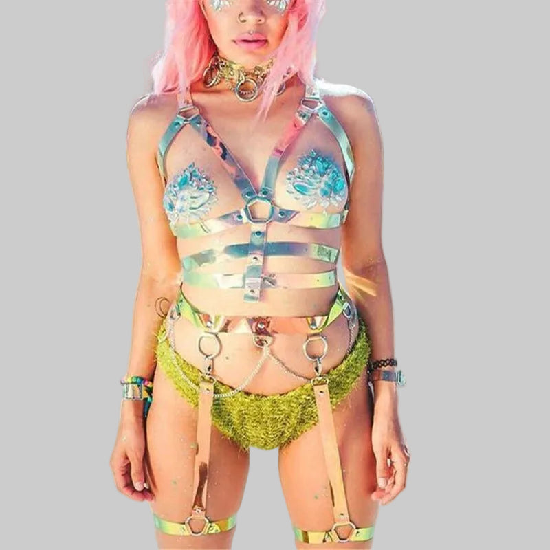 Holographic Body Harness Garter - Laser Faux Leather Performance Harness