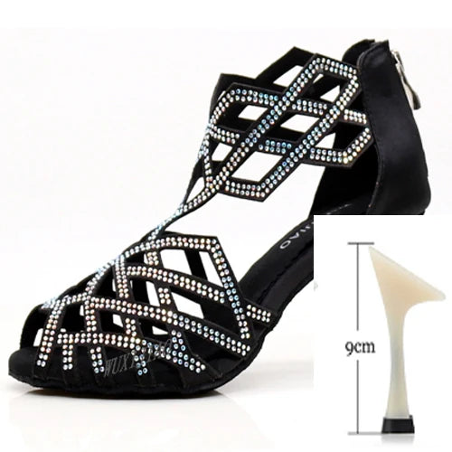 Rhinestone Cut-Out Latin Dance Sandals | Thin Heel | 6–10cm | Black & Blue