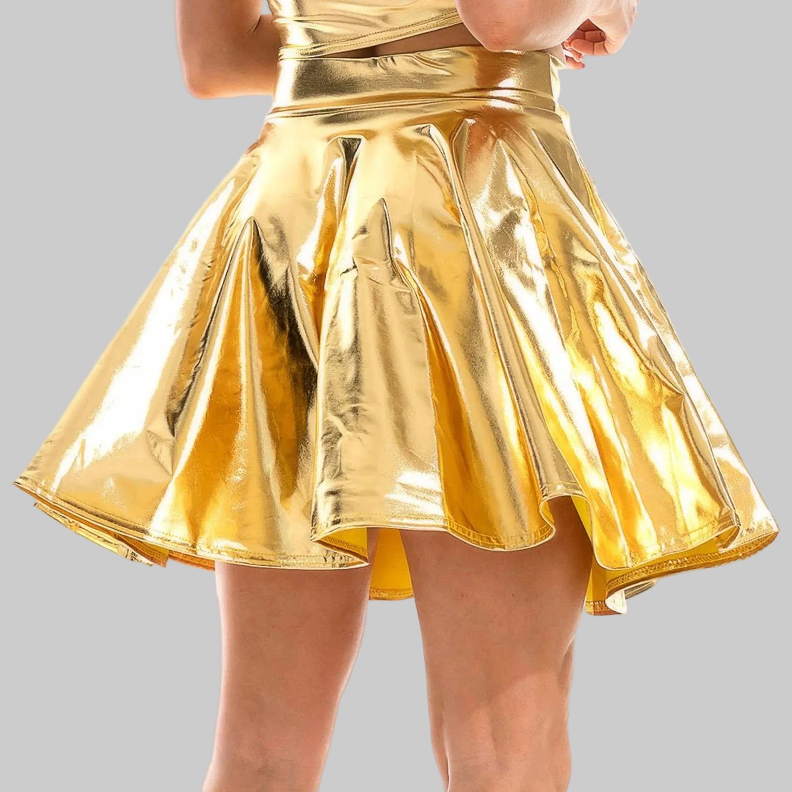 Metallic High Waist Flare Skirt - Glossy Performance Mini Skirt