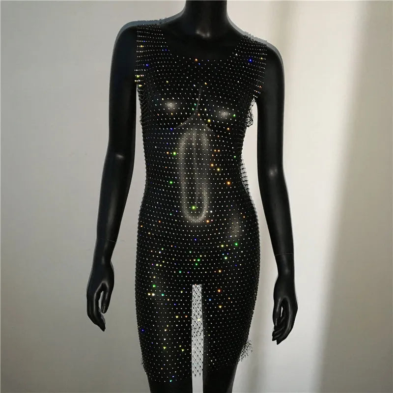 Rhinestone Fishnet Grid Mini Dress