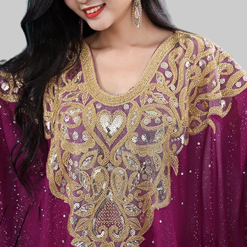 Khaleeji Thobe Belly Dance Costume - Embroidered Sequin Kaftan with Belt