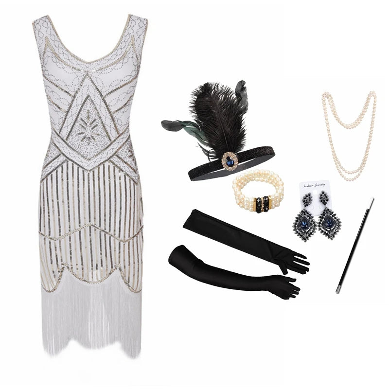 1920s Gatsby Flapper Dress & Accessory Set | Sequin Fringe | Plus Size XS–4XL