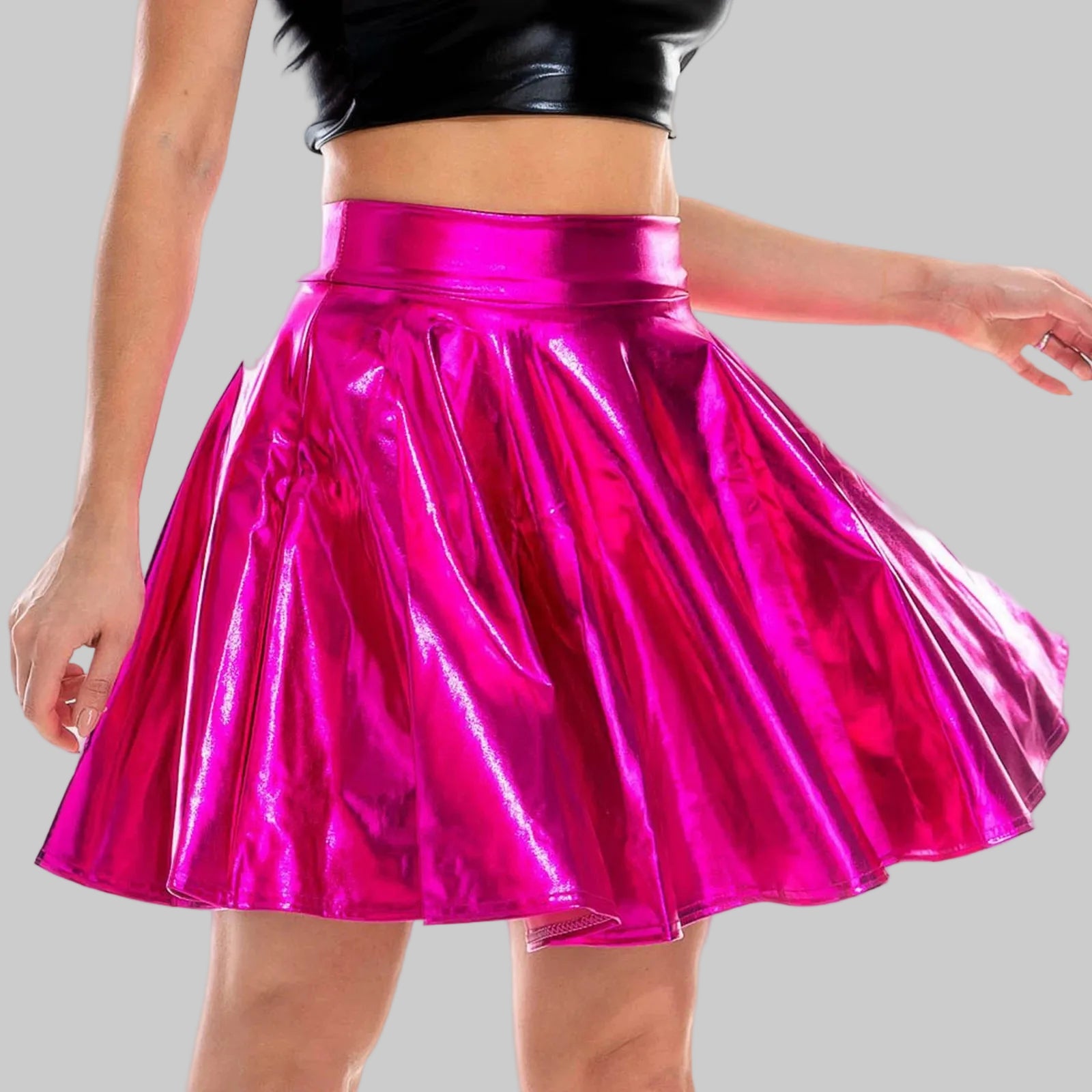 Metallic High Waist Flare Skirt - Glossy Performance Mini Skirt
