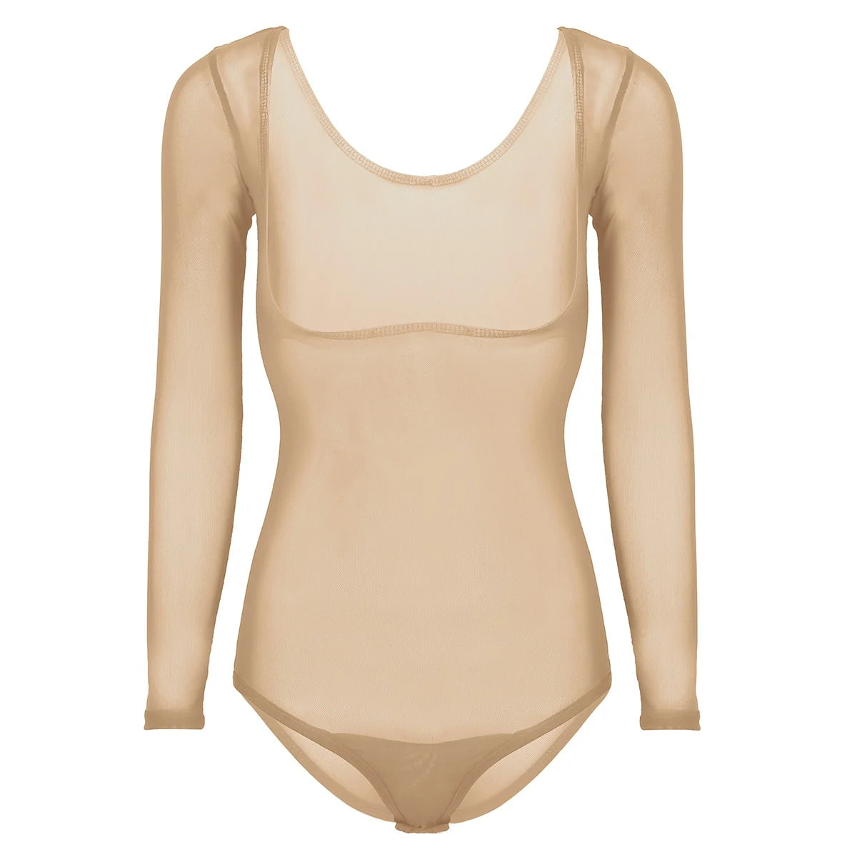 Women's Sheer Mesh Long-Sleeve Bodysuit | Open Bust & Snap Crotch | Dance & Performance Underlayer