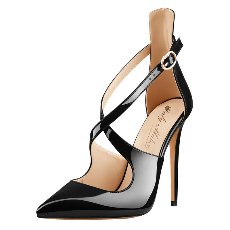 Cross-Strap Pointed Toe Stiletto Sandals — 12 cm Thin Heel Extended Sizing