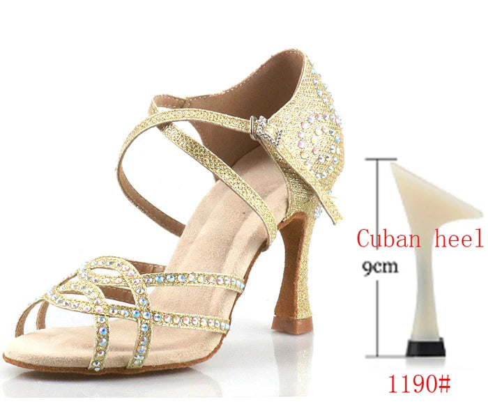 Women's Latin Dance Shoes | Satin Rhinestone | Multi Heel
