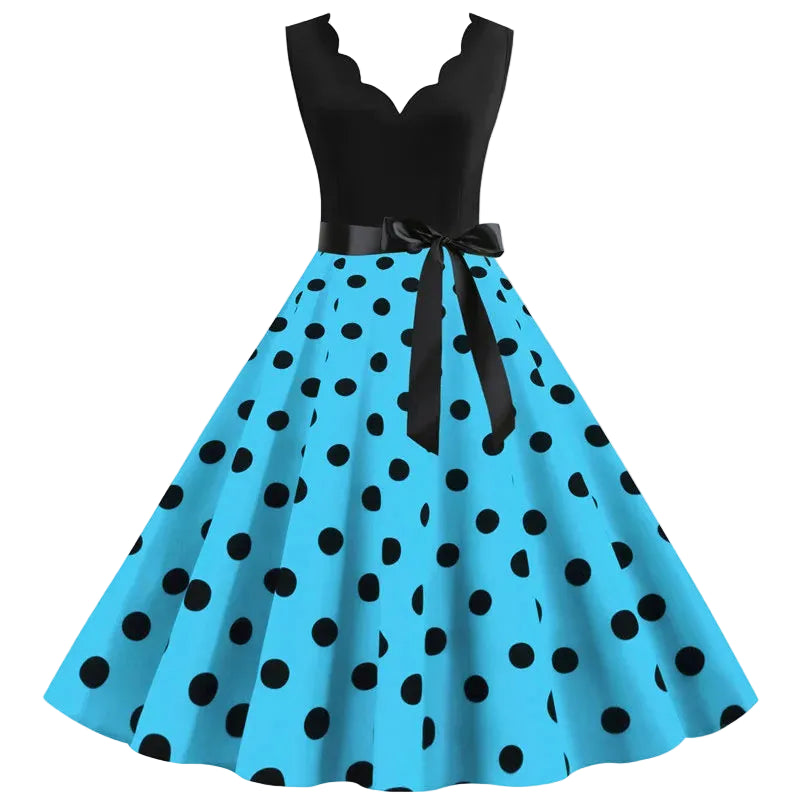 1950s Polka Dot Swing Dress | V-Neck | Bow Sash | 15 Colors