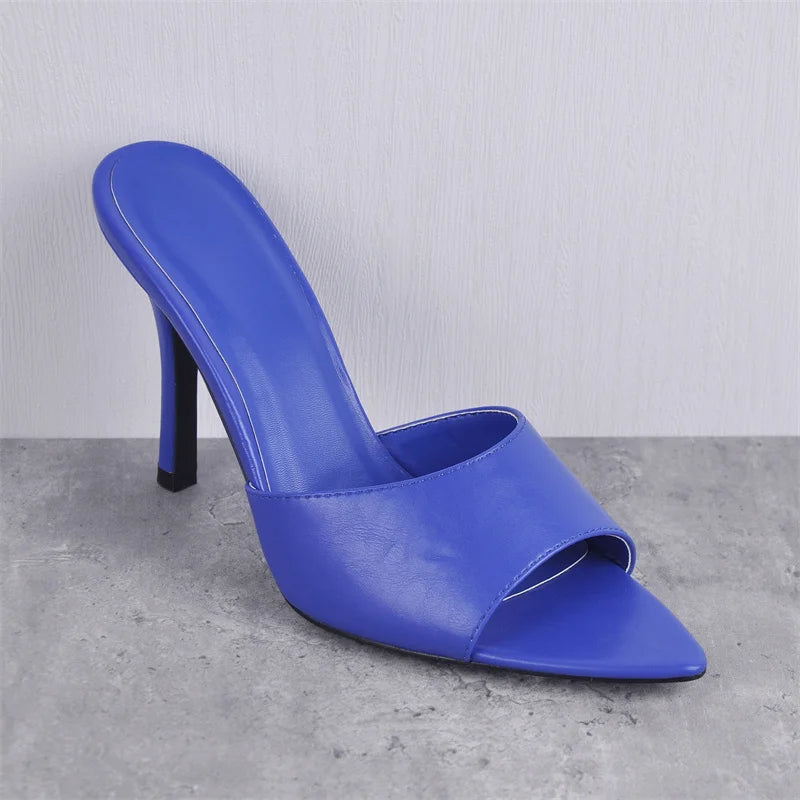 Pointed Peep-Toe Mule Heels | Slip-On | Blue & Brown