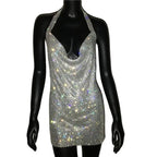 Crystal Rhinestone Halter Mini Dress - Backless Metal Mesh Cocktail Dress