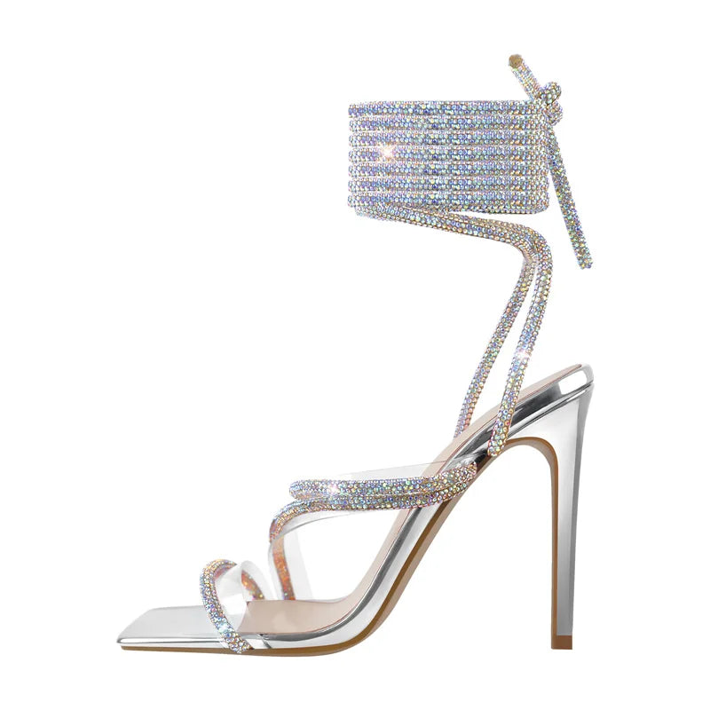 Rhinestone Lace-Up Stiletto Sandal | Crystal Strap | Multi-Color