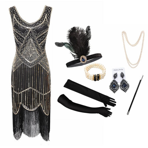 1920s Gatsby Flapper Dress & Accessory Set | Sequin Fringe | Plus Size XS–4XL