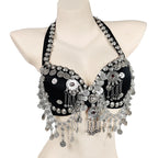Tribal Belly Dance Coin Bra - Metallic Studs & Chain Drape Top