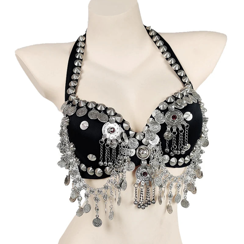 Tribal Belly Dance Coin Bra - Metallic Studs & Chain Drape Top