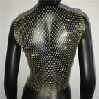 Glitter Rhinestone Fishnet Tank Top - Backless Square Neck Crop Top