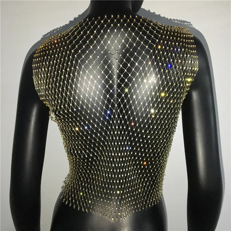 Glitter Rhinestone Fishnet Tank Top - Backless Square Neck Crop Top