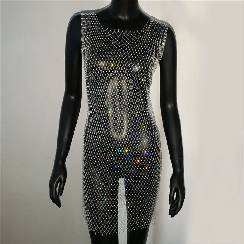 Rhinestone Fishnet Grid Mini Dress