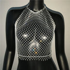 Bling Rhinestone Fishnet Crop Top - Adjustable Bandage Sheer Tank