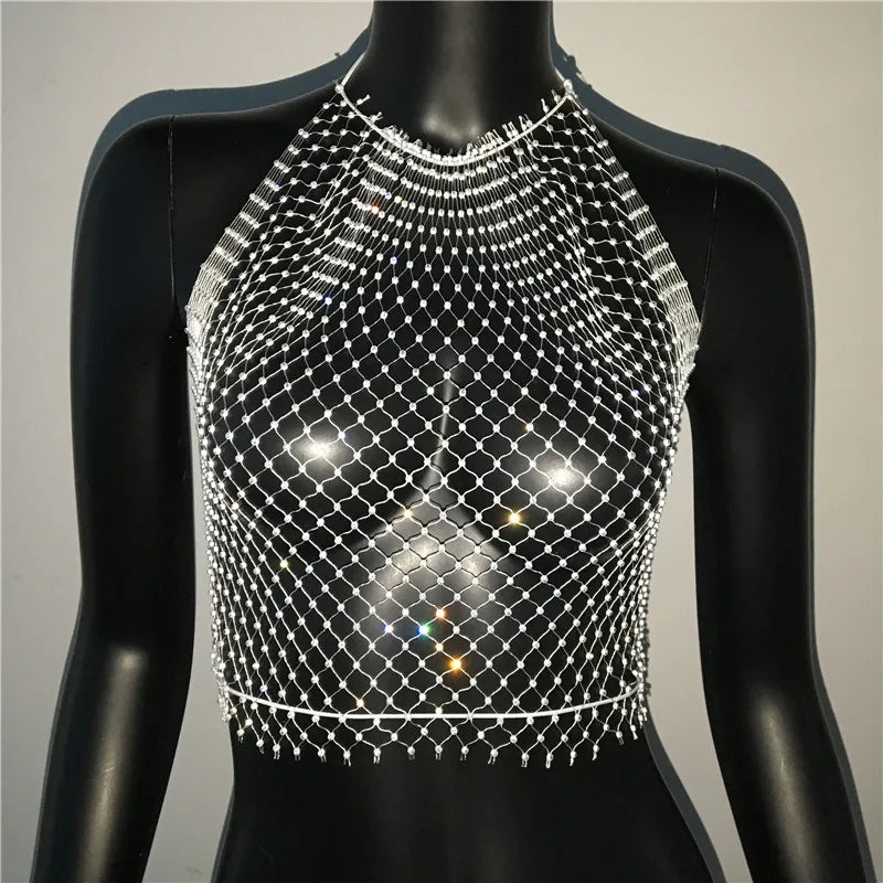 Bling Rhinestone Fishnet Crop Top - Adjustable Bandage Sheer Tank
