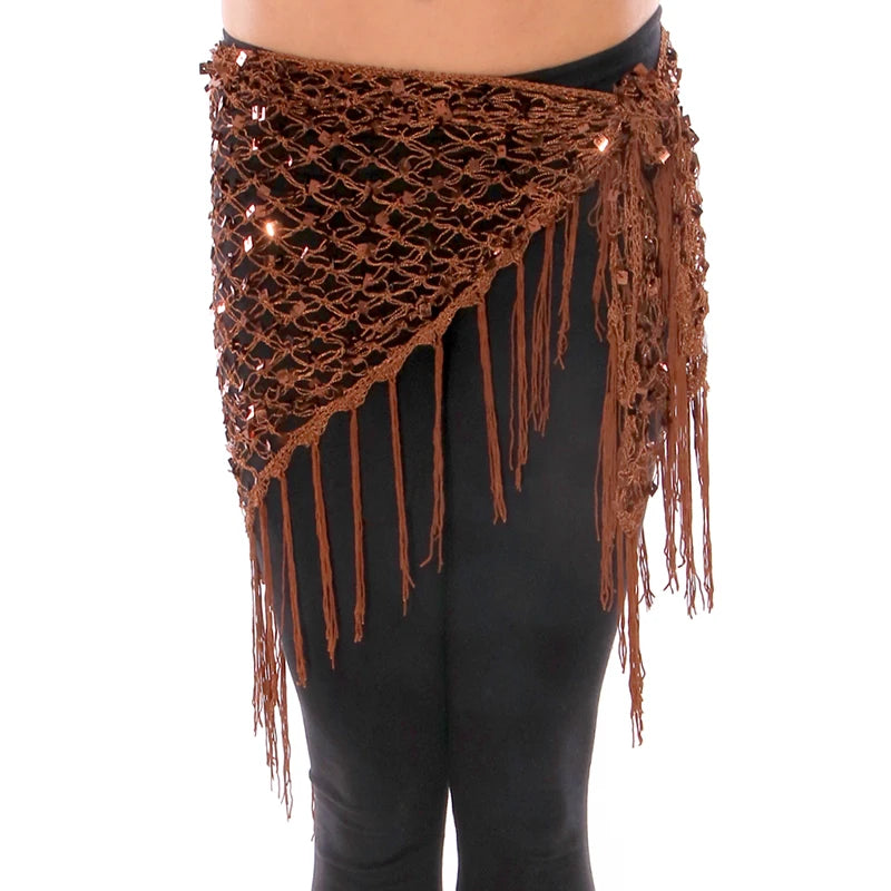 Sequin Belly Dance Hip Scarf - Shimmering Crochet Tassel Belt for Performance