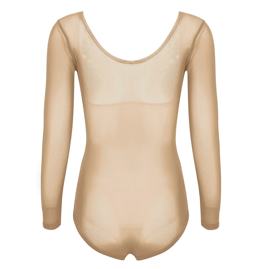 Women's Sheer Mesh Long-Sleeve Bodysuit | Open Bust & Snap Crotch | Dance & Performance Underlayer