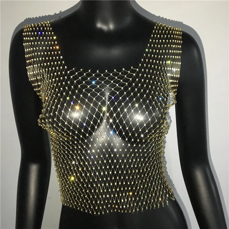 Glitter Rhinestone Fishnet Tank Top - Backless Square Neck Crop Top