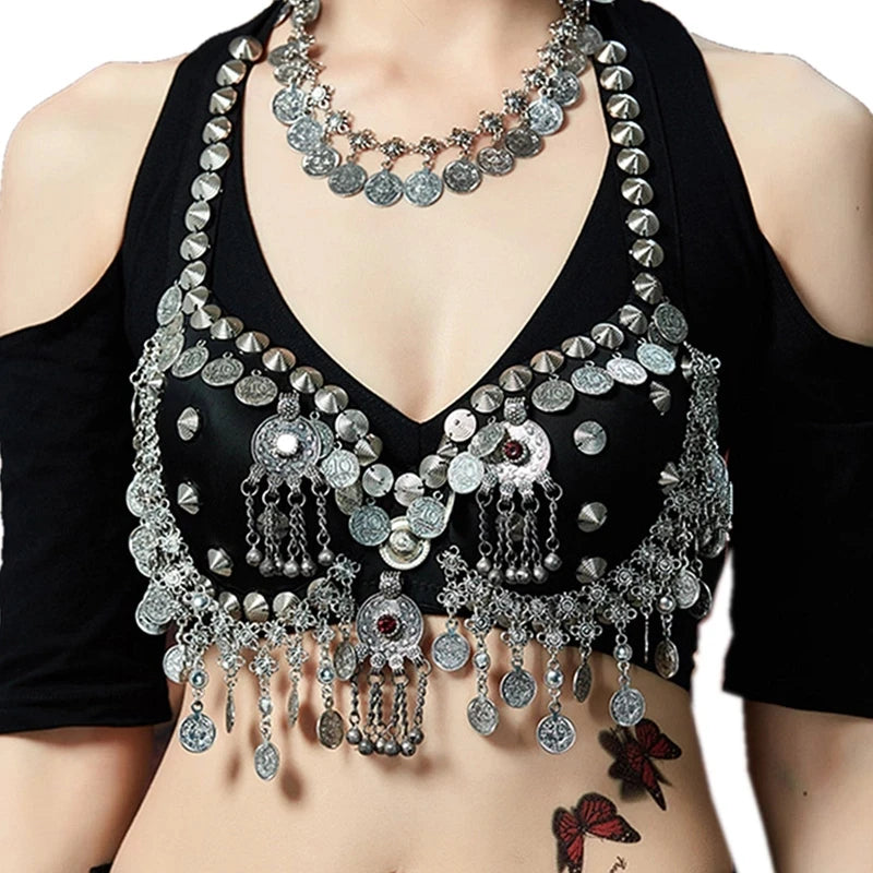 Tribal Belly Dance Coin Bra - Metallic Studs & Chain Drape Top
