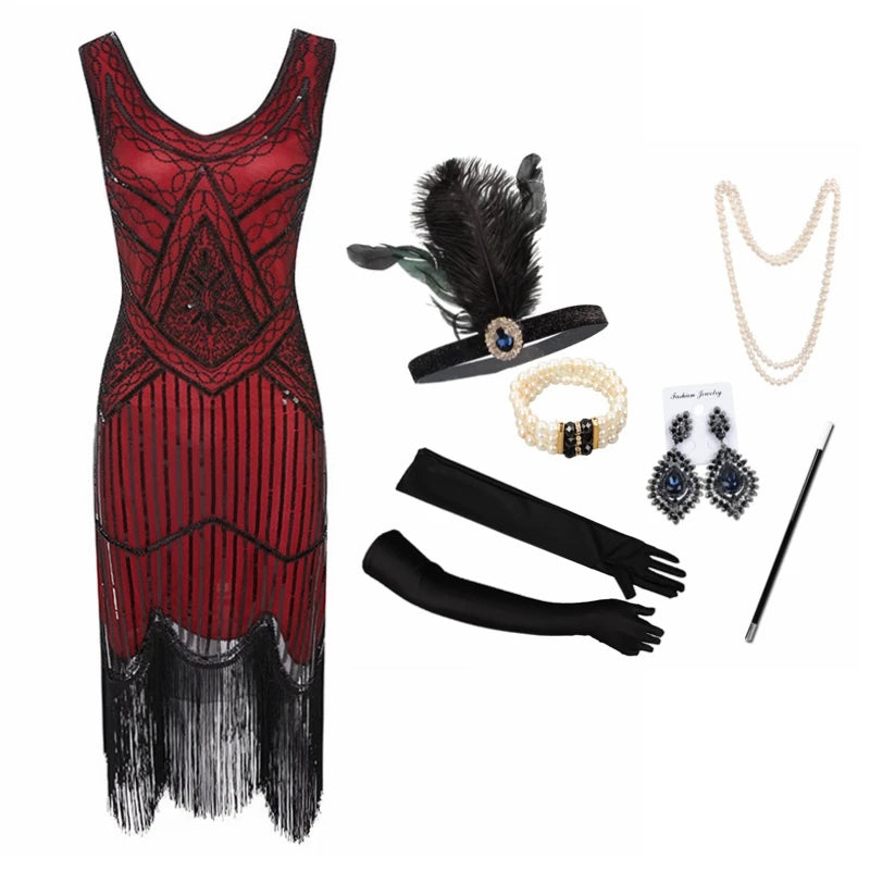 1920s Gatsby Flapper Dress & Accessory Set | Sequin Fringe | Plus Size XS–4XL