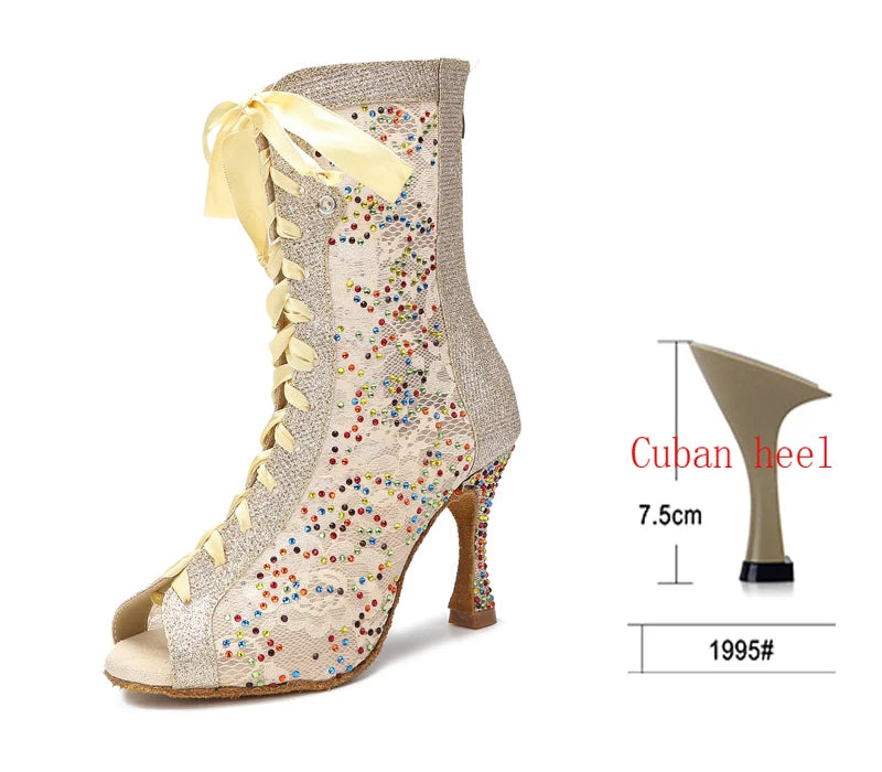 Sequin Mesh Latin Dance Boots | Peep Toe | Lace-Up Heel