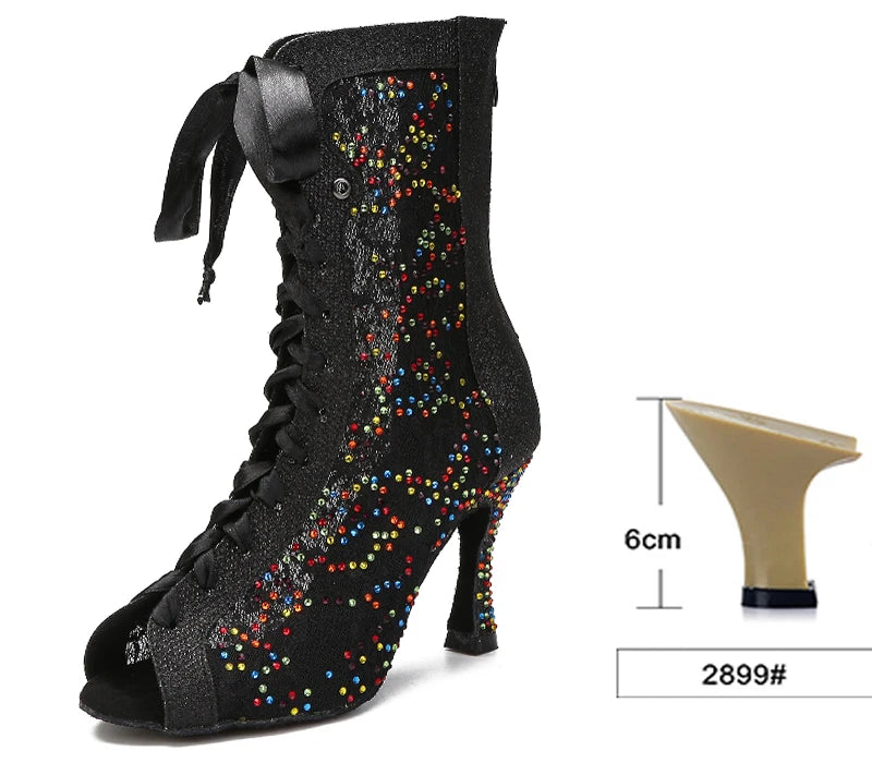 Sequin Mesh Latin Dance Boots | Peep Toe | Lace-Up Heel