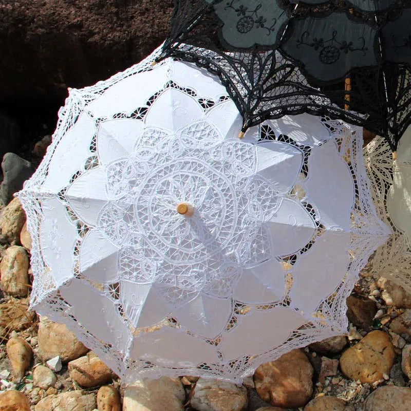 Victorian Lace Parasol | Battenburg Cotton | Black, White & Beige
