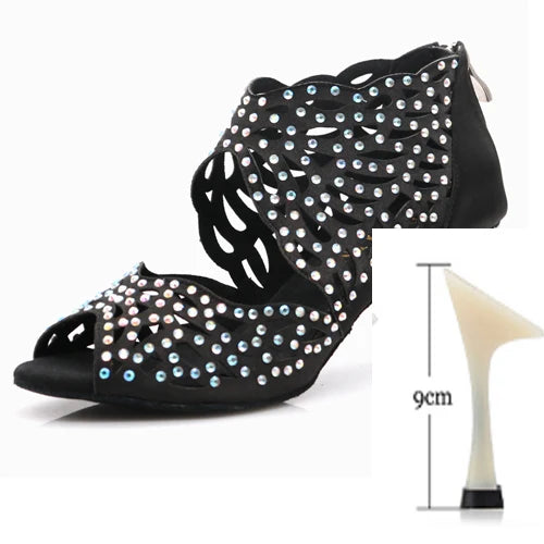 Rhinestone Latin Dance Heels | Cutout Satin | Multi-Height